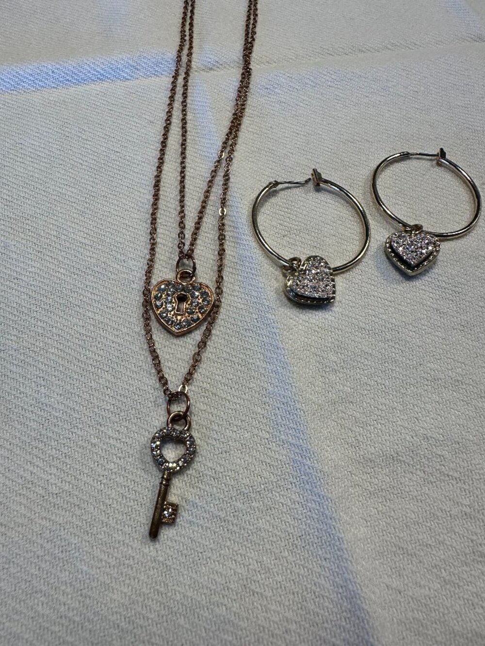 Gold Tone Heart and Key Layered Necklace and Crystal Heart Hoop Earrings Set